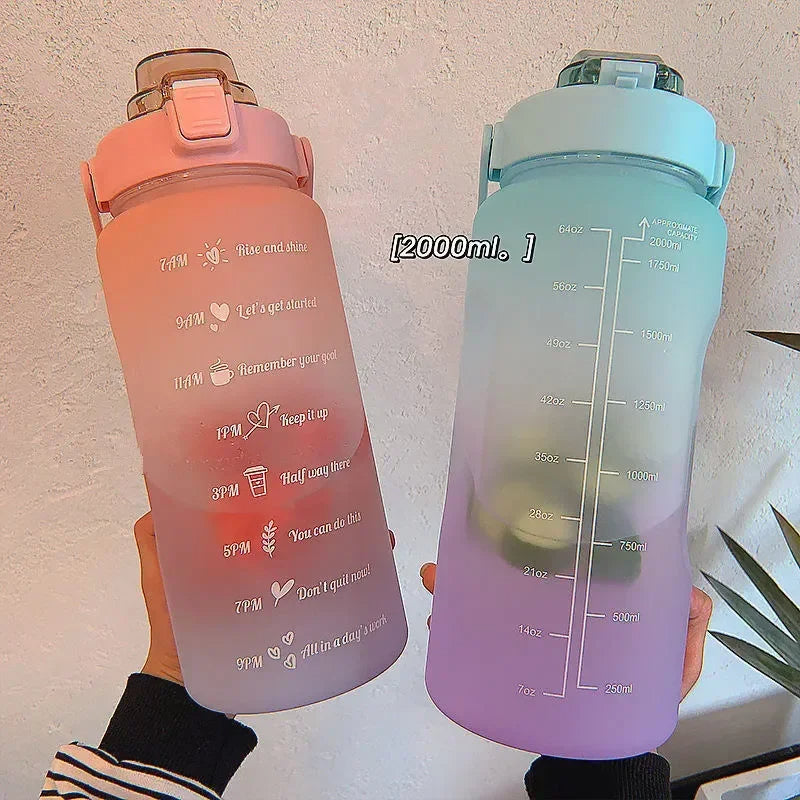 2 Liter Water Bottle with Straw Female Girls Large Portable Travel Bottles Sports Fitness Cup Summer Cold Water with Time Scal