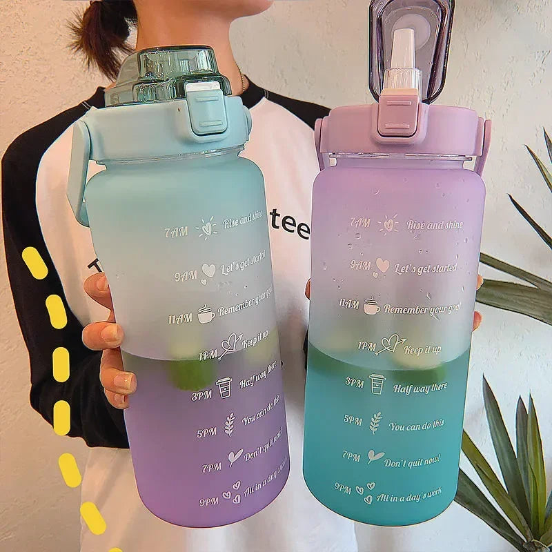 2 Liter Water Bottle with Straw Female Girls Large Portable Travel Bottles Sports Fitness Cup Summer Cold Water with Time Scal